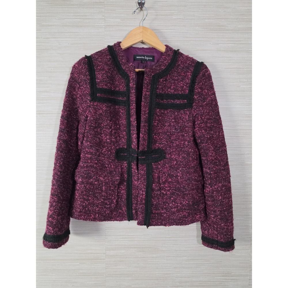 Nanette Lepore Tweed Jacket Womens 6 Purple Virgin Wool Blend Black Trim Open